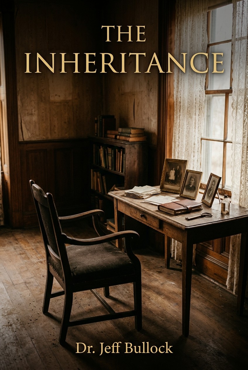 Cover of The Inheritance by Dr. Jeff Bullock, showing an empty chair beside a desk of old family photographs in a dim room